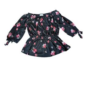 Free Kisses Floral Peplum Top Black Pink Red Off Shoulder Tie Sleeve‎ Large